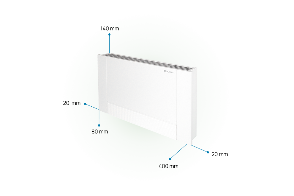 Distances de sécurité à maintenir par rapport à l’unité ELFOROOM2 : 140 mm au-dessus, 20 mm de chaque côté, 80 mm en dessous, 400 mm à l’avant