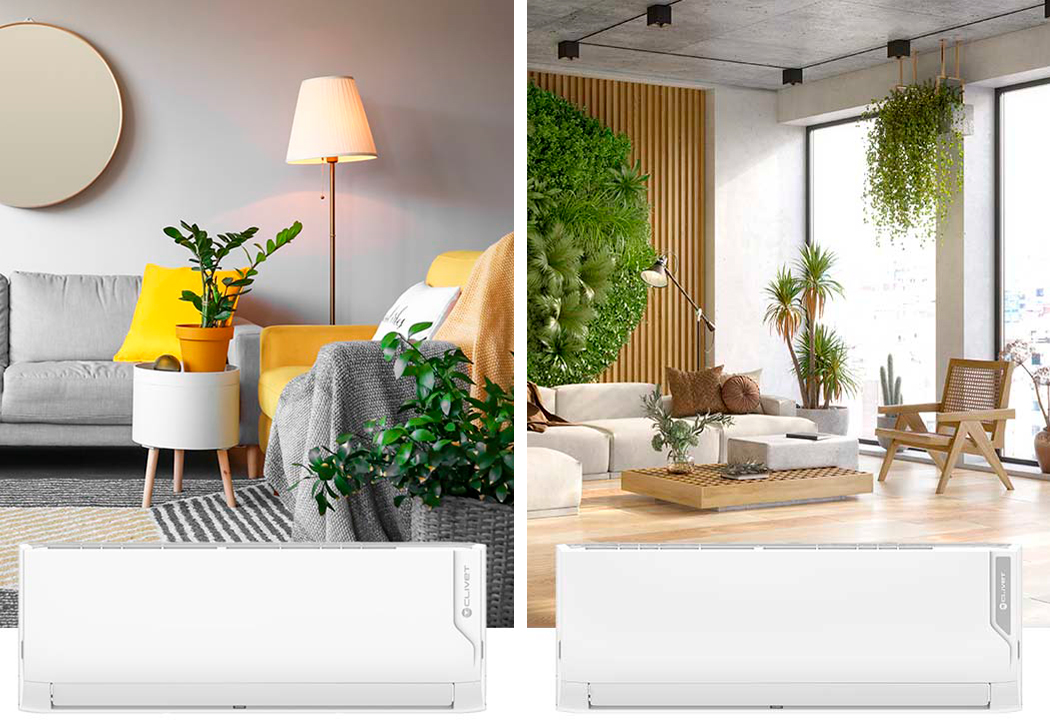 deux images de salles de séjour avec deux unités intérieures split superposées
