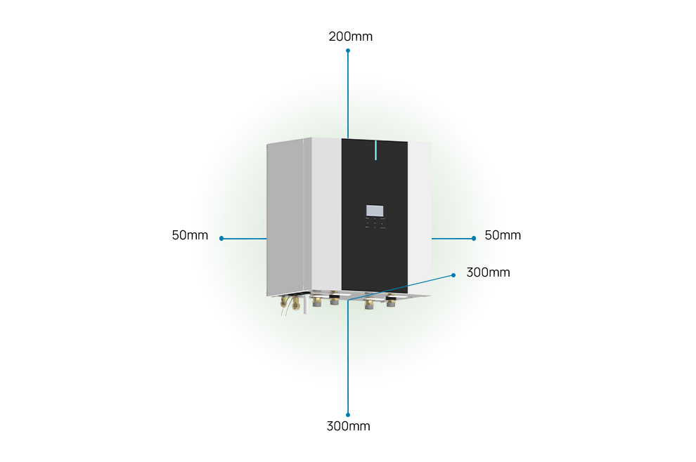 SPHERA EVO 2.0 BOX, les espaces nécessaires à l’installation sont les suivants : 50 millimètres de chaque côté, 200 millimètres au-dessus, 300 millimètres en dessous, 300 millimètres à l’avant