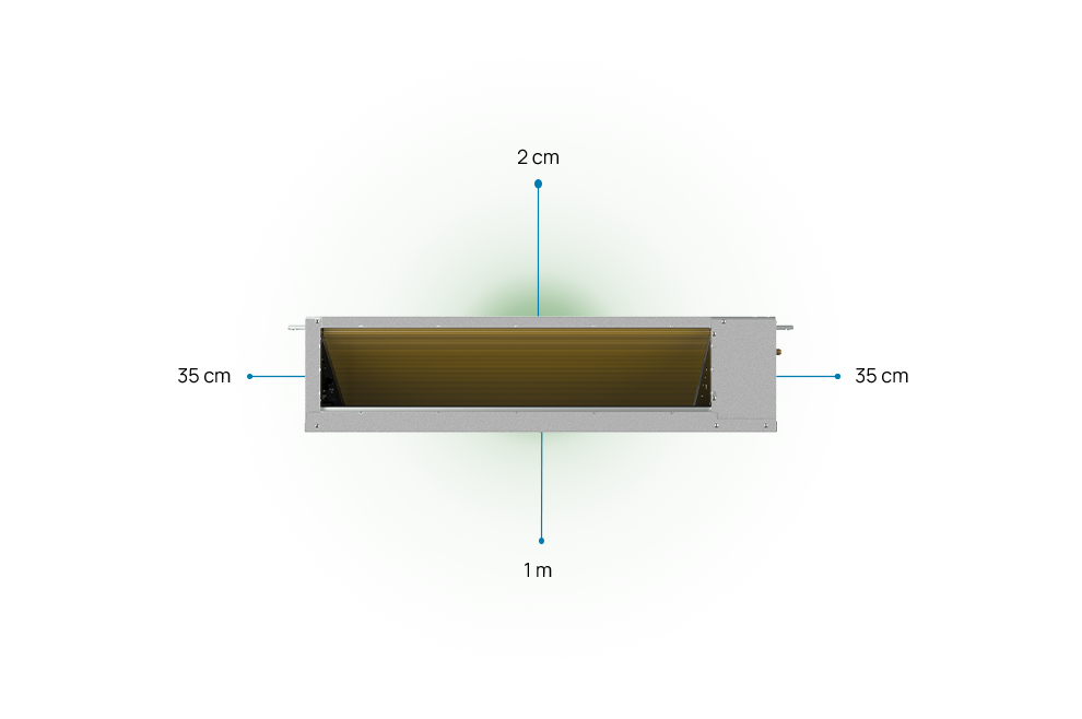 Distances de dégagement à respecter pour DUCT3 : 35 centimètres de chaque côté, 2 centimètres au-dessus, 1 mètre en dessous.